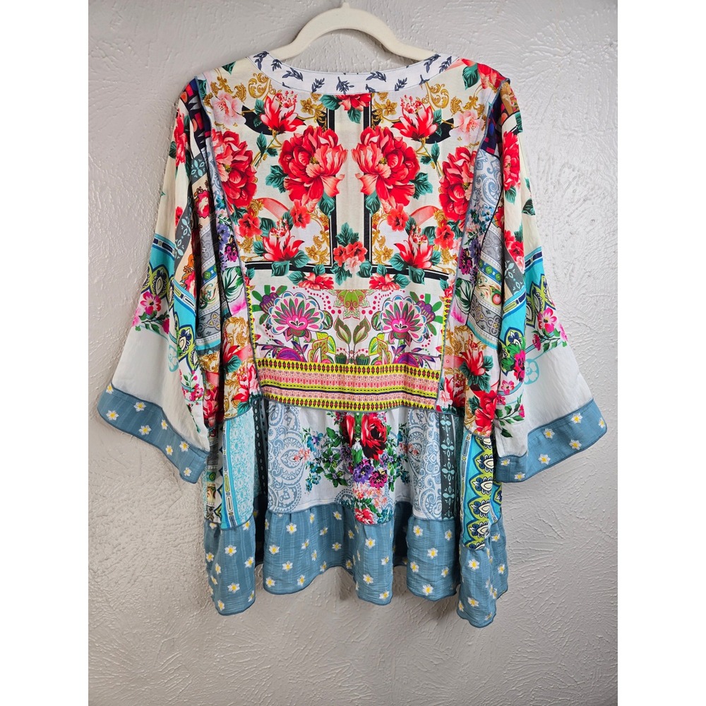 John Mark Floral Patchwork Blouse L Multi Color Relaxed Eclectic Boho Artsy Top - Picture 2 of 13